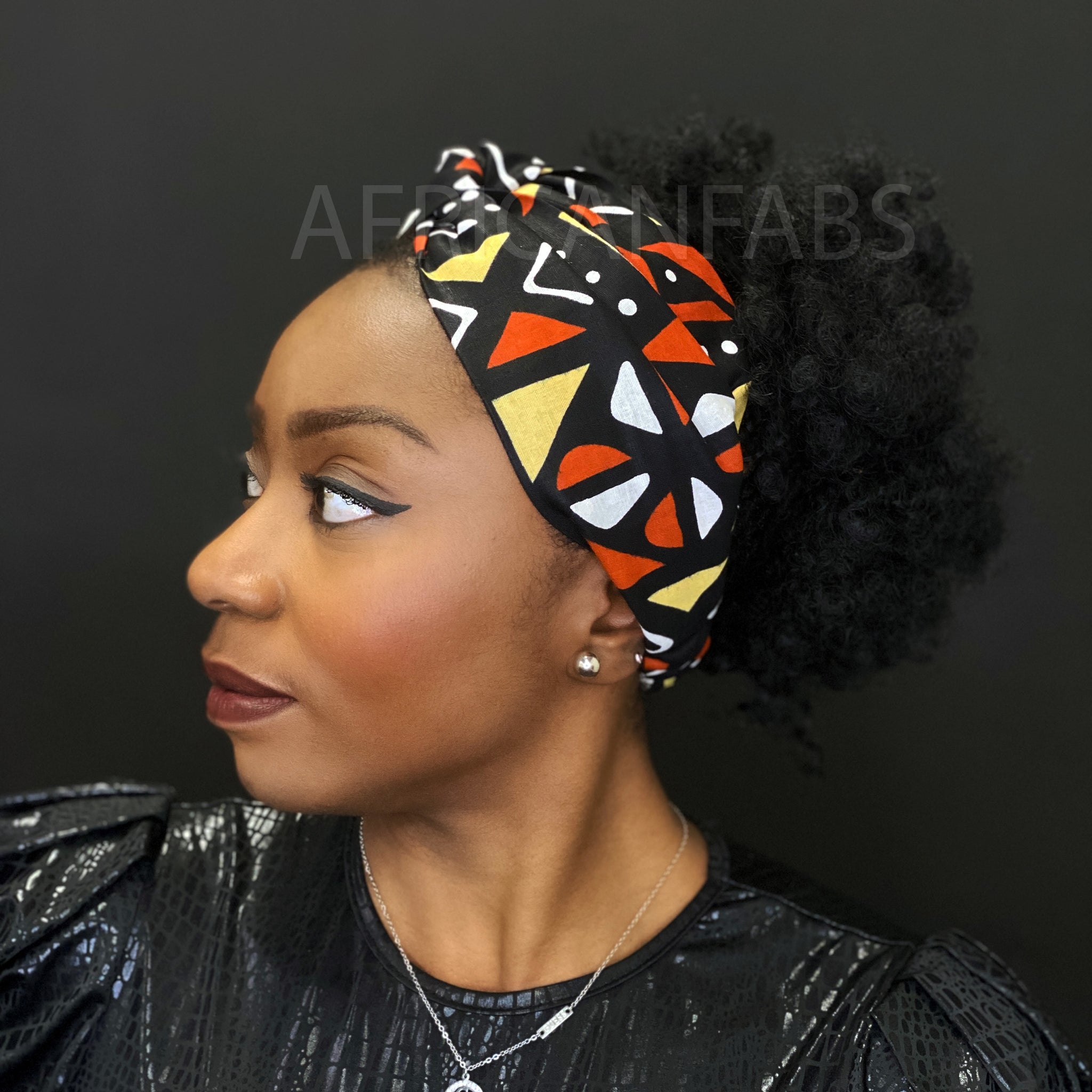 Diadema estampado africano - Adultos - Accesorios para el cabello - Negro / naranja / blanco Bogolan