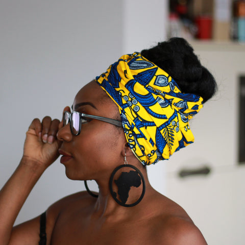 Headwrap africano - Estela de hoja amarilla / azul (Vlisco)