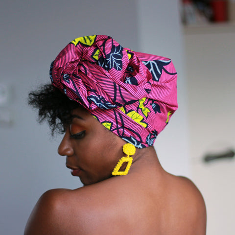 Cinta para la cabeza africana - Sendero de flores rosas / amarillas (Vlisco)