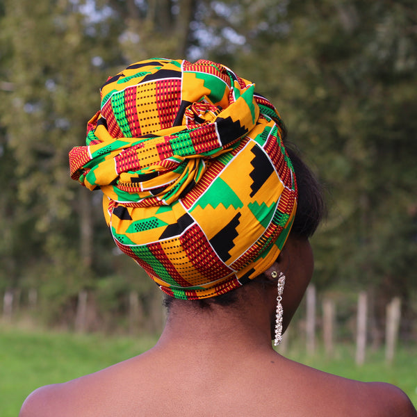Turbante africano - Estampado kente bloques verde/amarillo