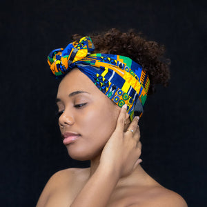 Cinta para la cabeza kente azul africano / naranja