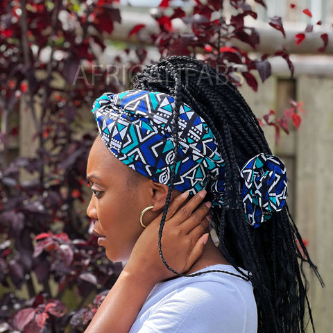 Cinta para la cabeza de tela de barro azul africano/blanco