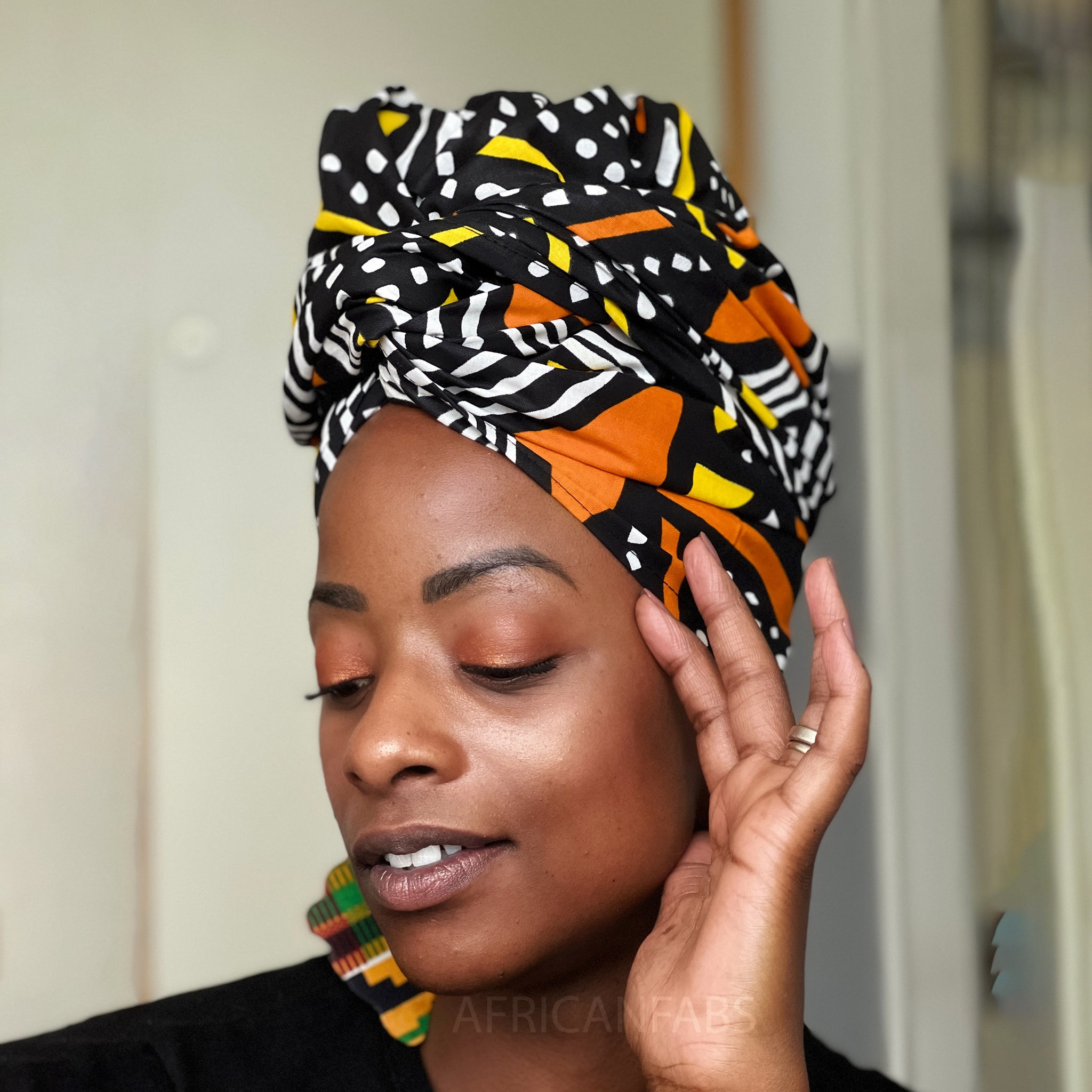 African Black Yellow / orange Bogolan / turbante para la cabeza