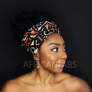 Negro africano / naranja / blanco Bogolan / turbante de tela de barro