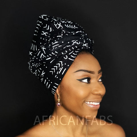 African Black / white Bogolan / turbante de tela de barro