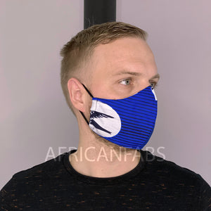 Mascarilla / Mascarilla facial estampado africano en tejido Vlisco (Modelo Premium) Unisex - Speedbird azul