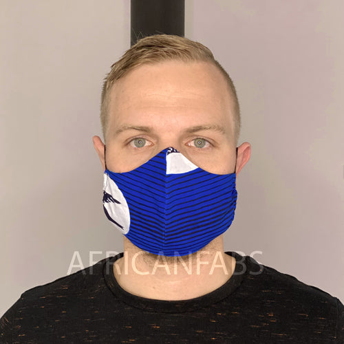 Mascarilla / Mascarilla facial estampado africano en tejido Vlisco (Modelo Premium) Unisex - Speedbird azul
