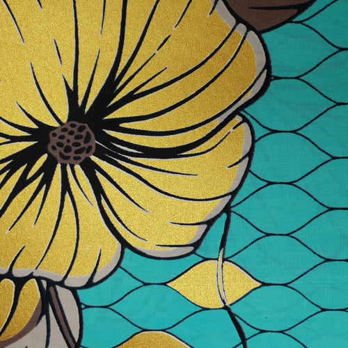 Tela estampada Wax Africana - Grand Wax - Flores Turquesa Doradas - Adornado en Oro