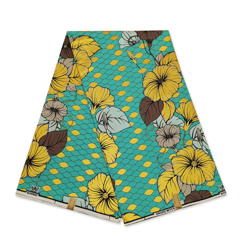 Tela estampada Wax Africana - Grand Wax - Flores Turquesa Doradas - Adornado en Oro