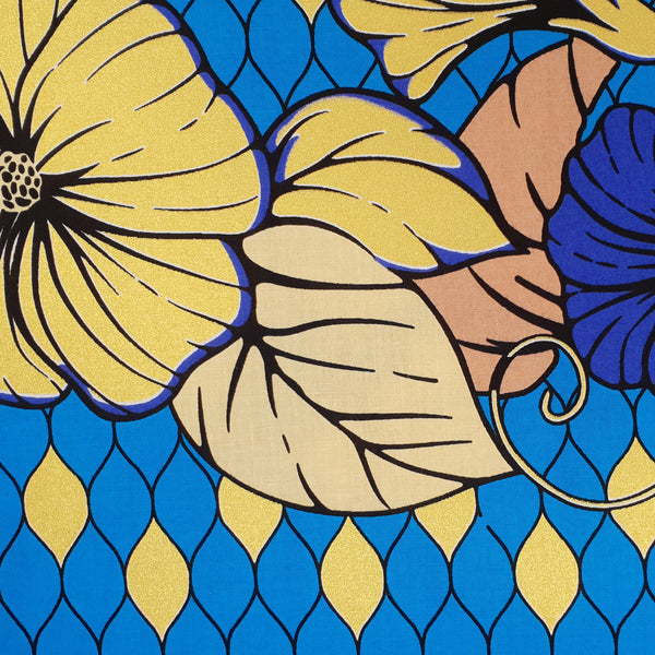 Tela estampada Wax Africana - Grand Wax - Flores Azules Doradas - Adornadas doradas