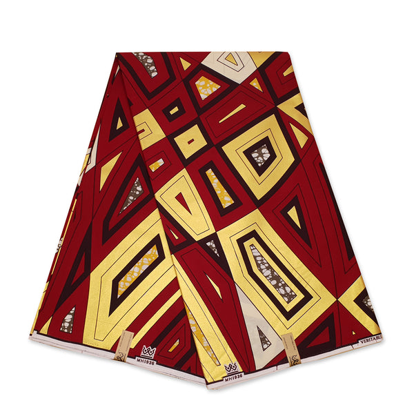 Tela con estampado Wax africano - Grand Wax - Maroon Gold geometric - Dorado adornado