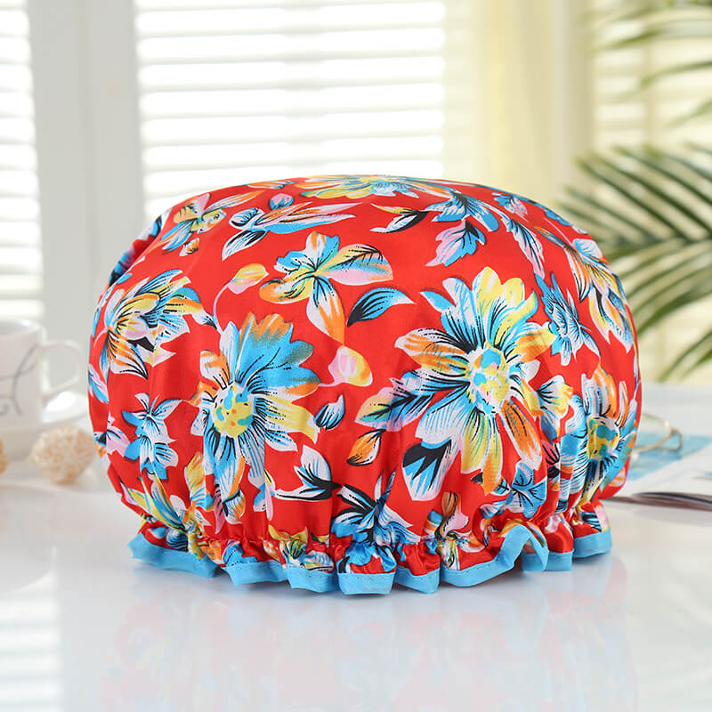 GRANDE Gorro de ducha para cabello completo / rizos - Rojo con flores