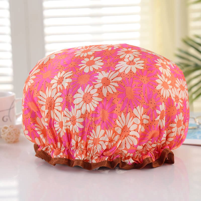 GRANDE Gorro de ducha para cabello completo / rizos - Naranja / rosa con flores