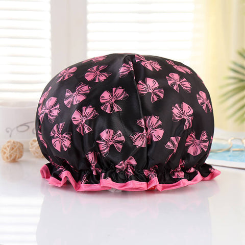 Gorro de ducha GRANDE para cabello completo / rizos - Negro con cintas rosas y borde rosa