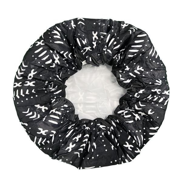 Gorro de ducha GRANDE para cabello completo / rizos - Estampado africano Black White bogolan