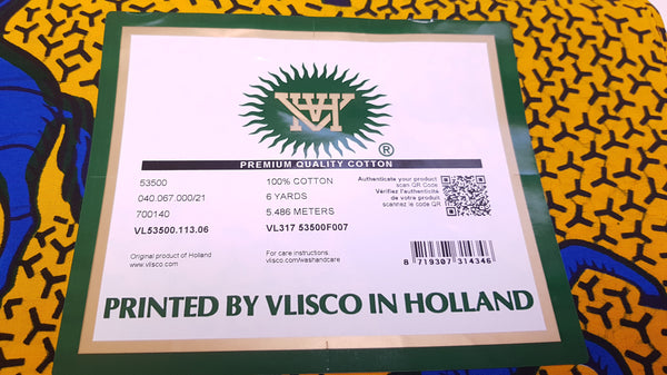 Tela estampada VLISCO Hollandais Wax - CABALLO SALTO AMARILLO / AZUL