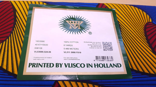 Tela estampada VLISCO Hollandais Wax - ROJO / AMARILLO / AZUL SANTANA