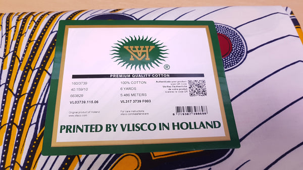 Tela estampada VLISCO Hollandais Wax - BLANCO / BOMBILLA ROJA
