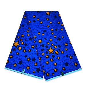 Tela con estampado de cera holandesa VLISCO - Estrellas azul / naranja