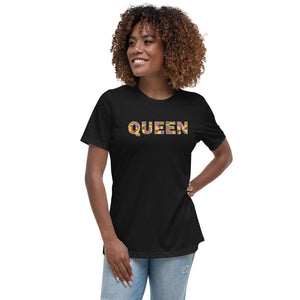 Camiseta Mujer QUEEN en estampado kente D009 (Camisa en Negro o Blanco)