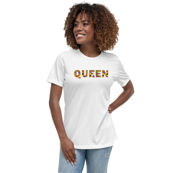 Camiseta Mujer QUEEN en estampado kente D009 (Camisa en Negro o Blanco)